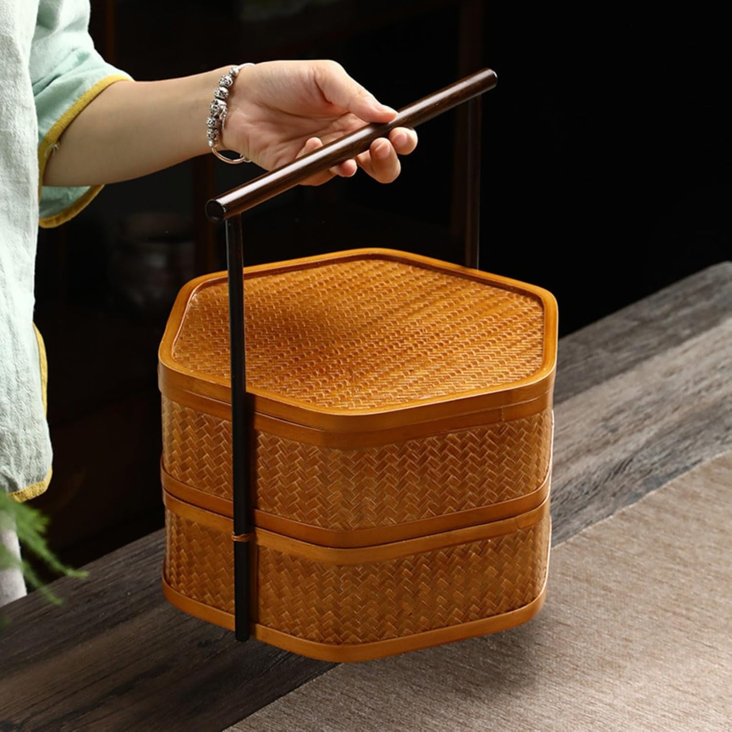 Holowa お弁当箱 2段 手作りの竹編 ランチボックス 天然木 竹製蓋